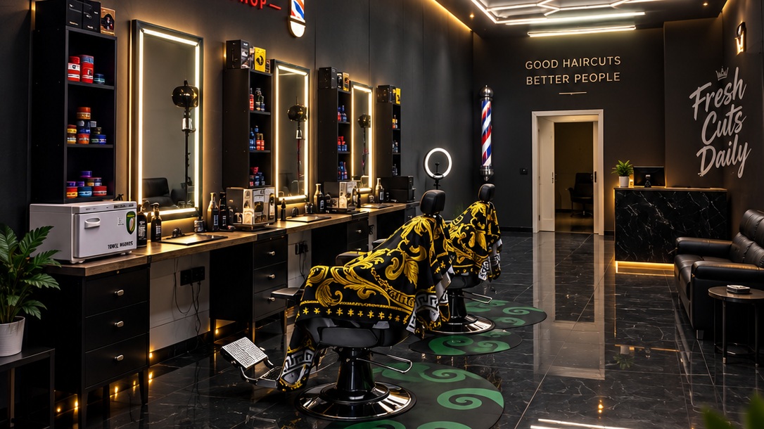 Cinematic view inside Maralex Barbershop